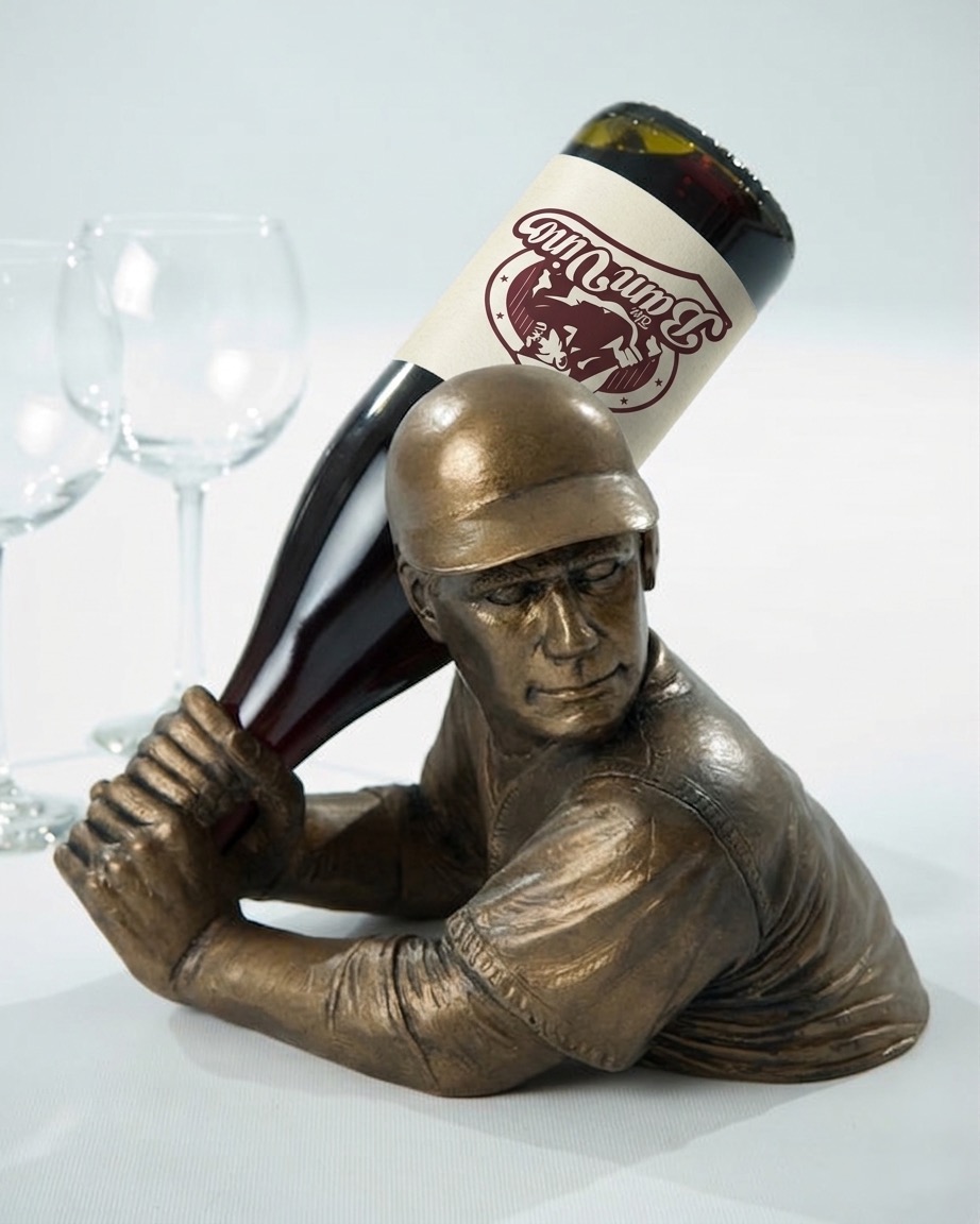 The BamVino bottle holder, in bronze, presenting a wine bottle